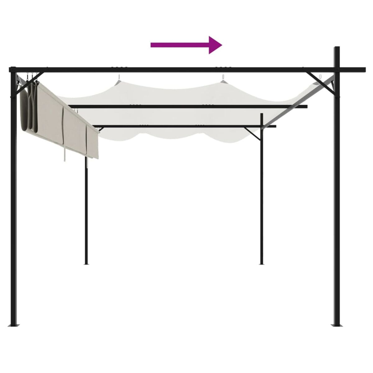Schwarze Pergola mit weißem Baldachin. Ein Pfeil zeigt, wie sich das Verdeck nach rechts verschiebt.