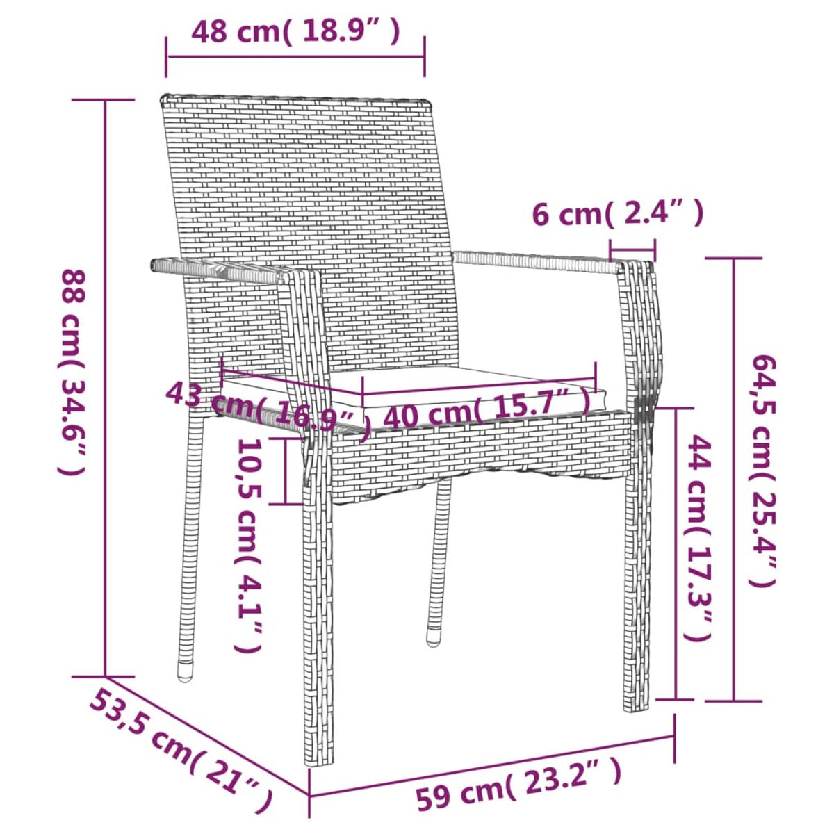 Ein brauner Outdoor-Stuhl aus Korbgeflecht mit beschrifteten Maßen.