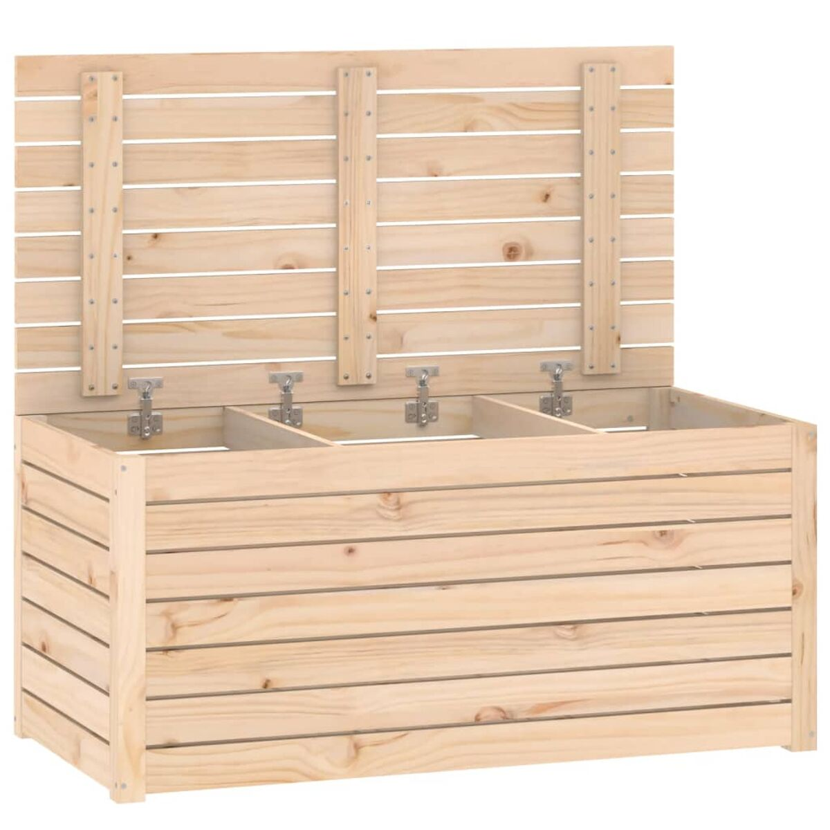 Holzkiste mit Scharnierdeckel. Der Deckel ist in drei Abschnitte unterteilt.