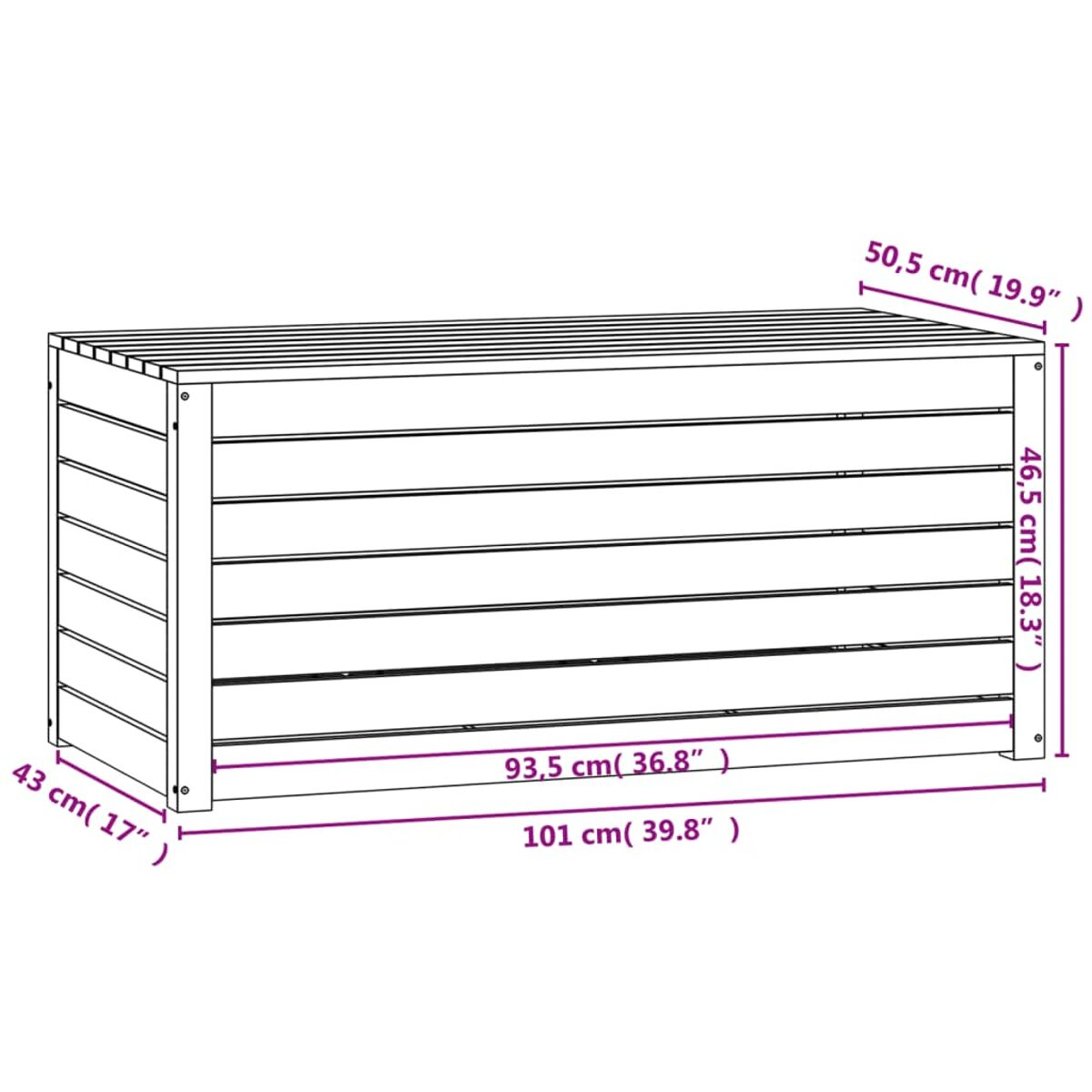 Eine hölzerne Aufbewahrungsbox. Es hat horizontale Holzlatten.