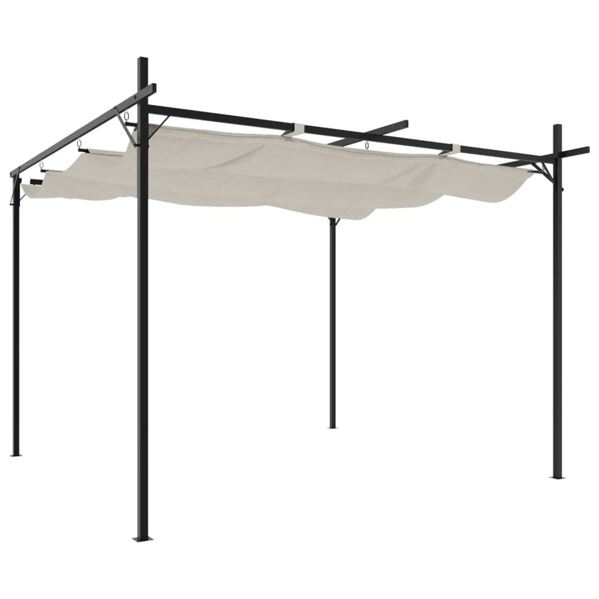 Weiße Pergola mit beigem Baldachin. Schwarzes Metallgestell. Weißer Hintergrund.