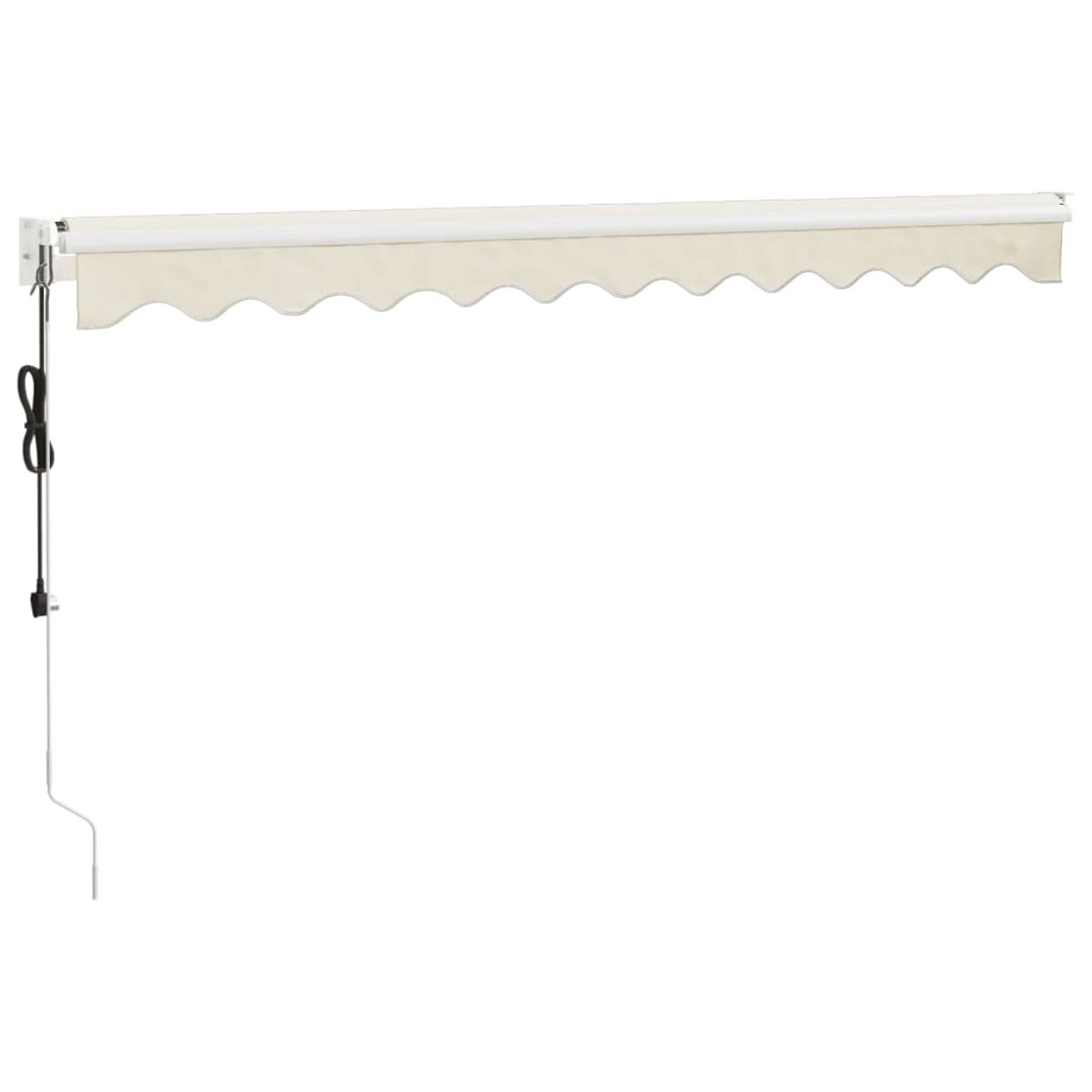 Cremefarbene Markise, weißer Rahmen, schwarzes Kabel. Gezahnter Rand. Weißer Hintergrund.