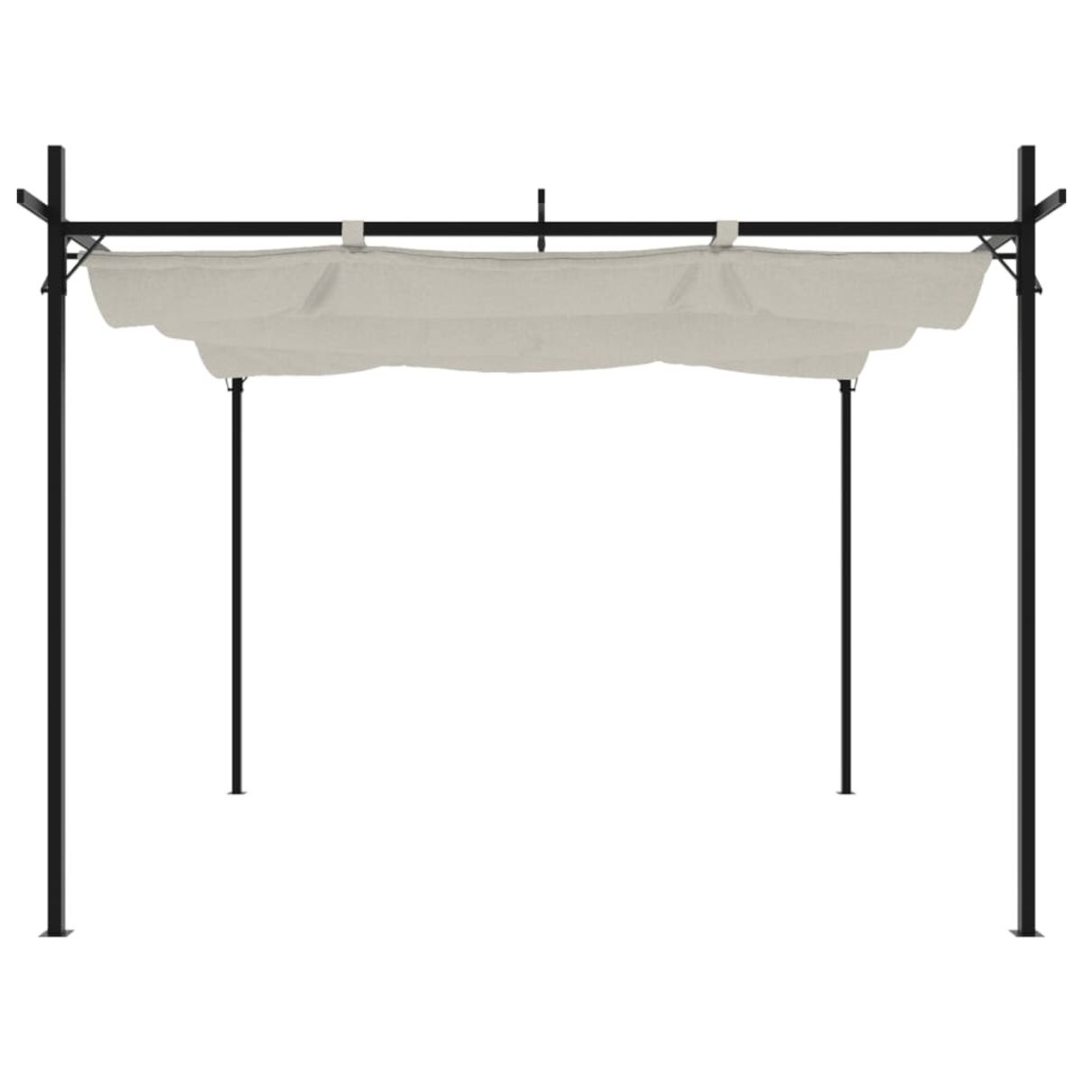Eine schwarze Pergola mit einem beigefarbenen Stoffdach auf weißem Hintergrund, mit einfachem Design.