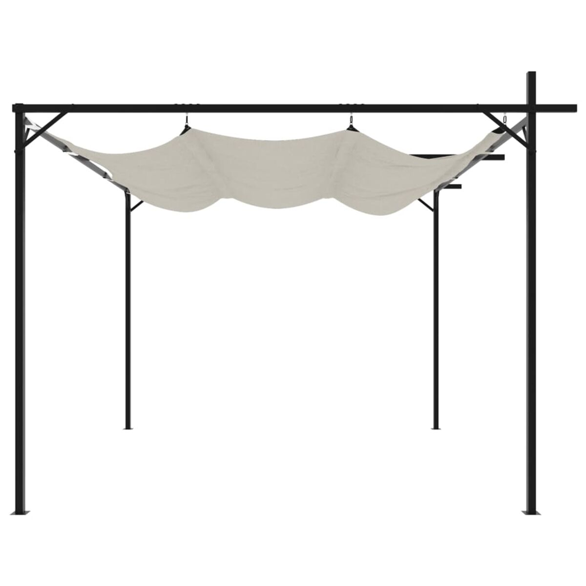 Schwarze Pergola mit beigem Stoffdach vor weißem Hintergrund.