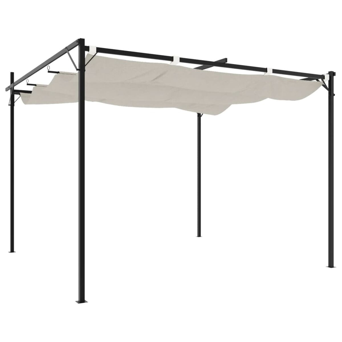 Schwarze Metallpergola mit weißem Stoffdach, isoliert auf Weiß.