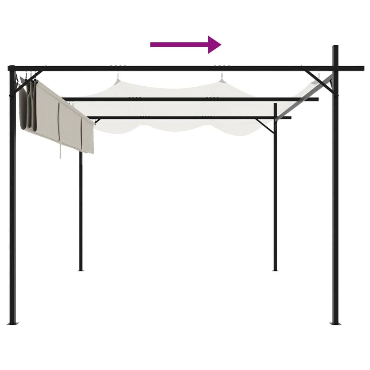 Eine schwarze Pergola mit weißen Vorhängen. Ein Pfeil zeigt die Bewegungsrichtung der Vorhänge an.