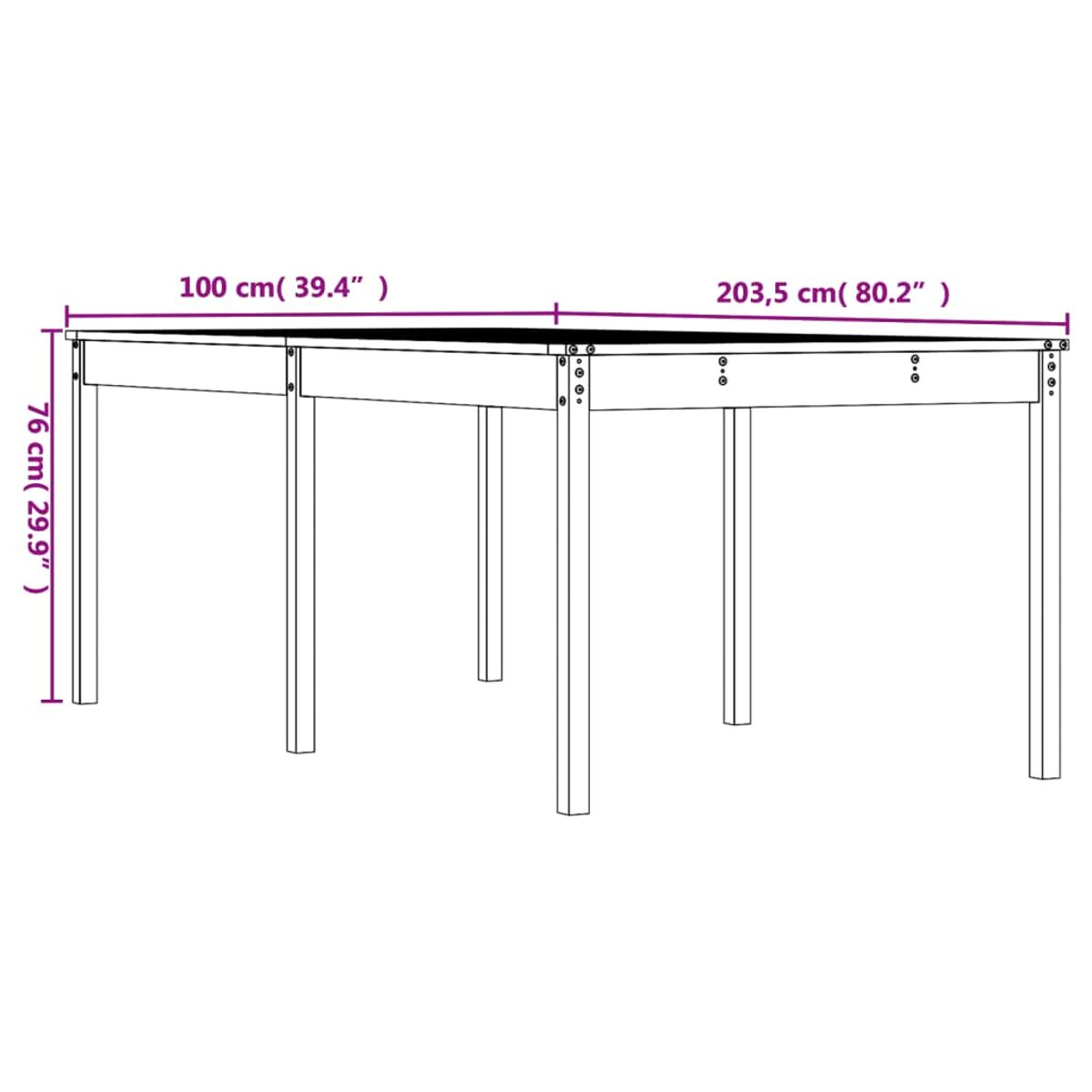 Ein rechteckiger Holztisch mit Abmessungen. Der Tisch hat vier Beine. Die Abmessungen sind in Zentimetern (Zoll).