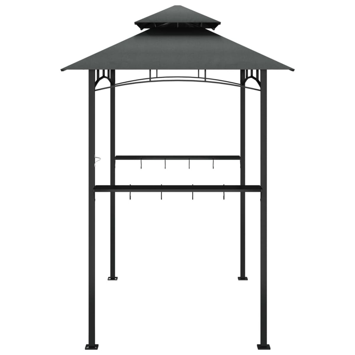 Schwarzer Metallpavillon mit Spitzdach. Metallrahmen mit Haken. Weißer Hintergrund.