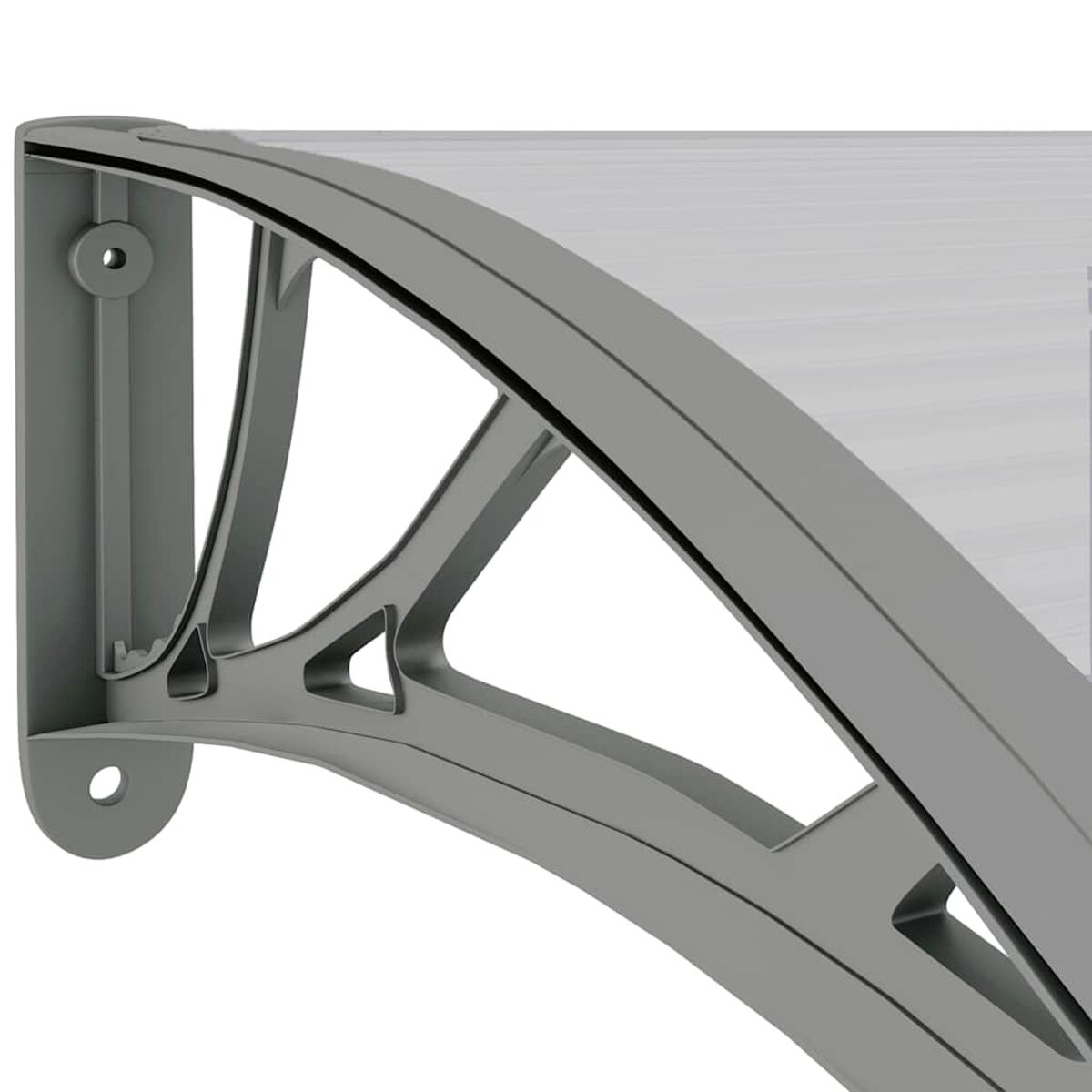 Eine graue Metallmarkisenhalterung mit transparenter Abdeckung.