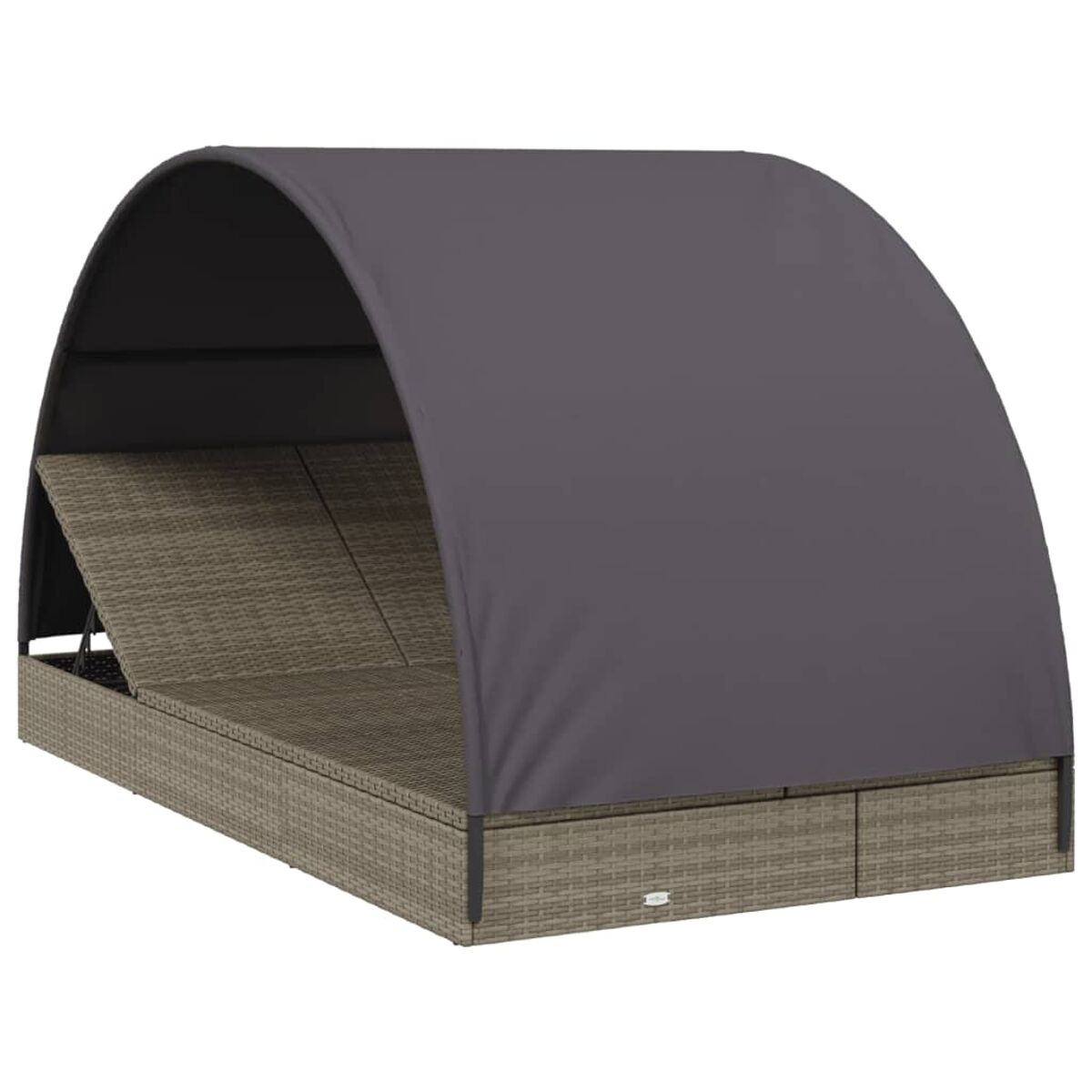Outdoor-Tagesbett aus Korbgeflecht mit grauem Baldachin. Das Tagesbett hat eine Schublade.
