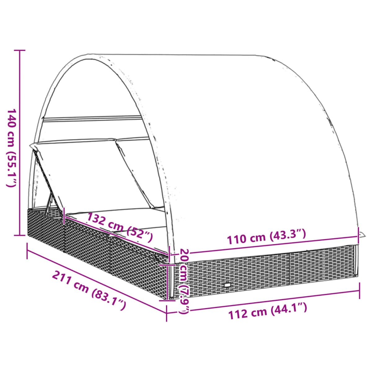Ein gewebtes Outdoor-Himmelbett mit in cm und Zoll beschrifteten Abmessungen.