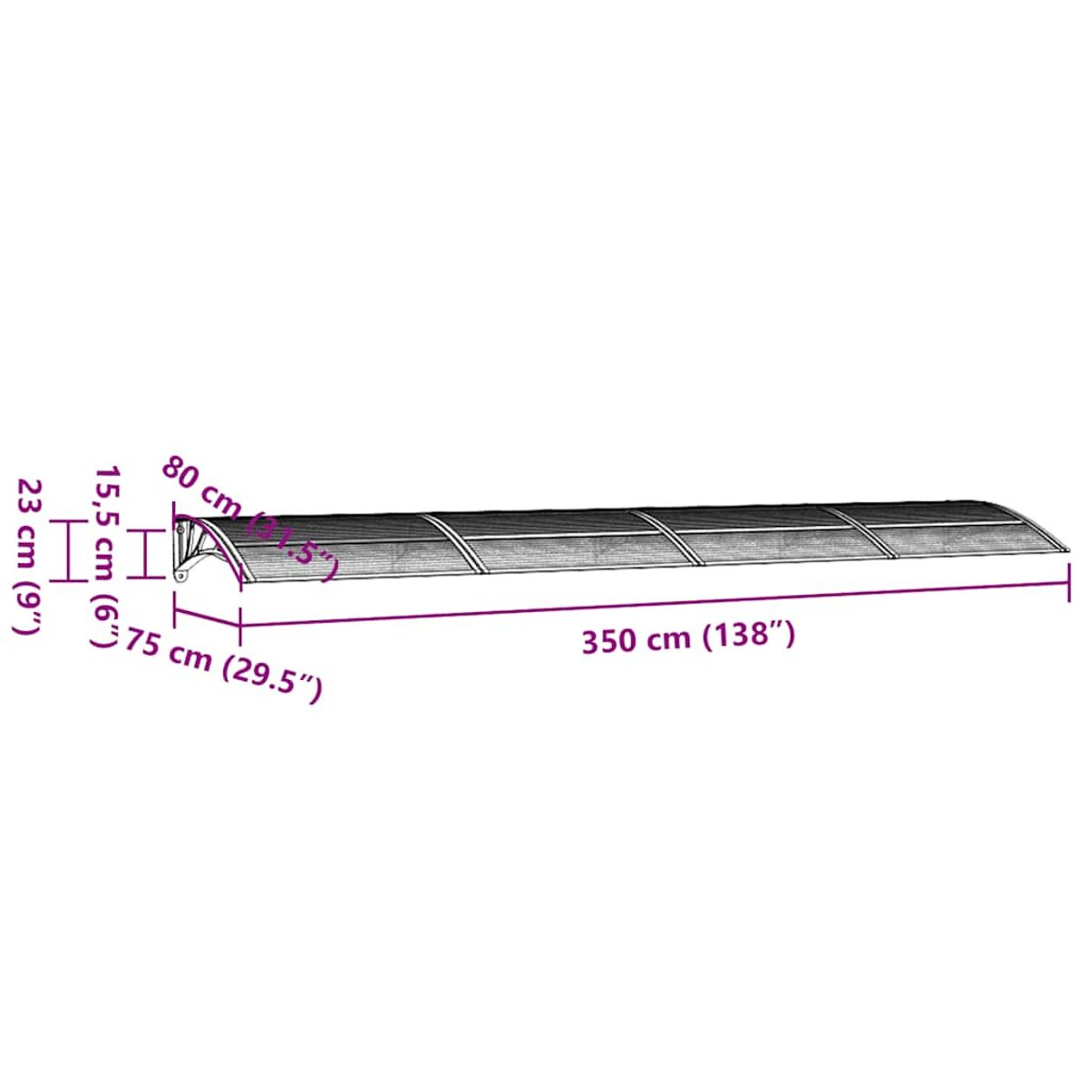 Markise. Abgewinkeltes Design, dunkler Stoff. Maße sind 350cm lang, 80cm hoch, 75cm breit. Weißer Hintergrund.