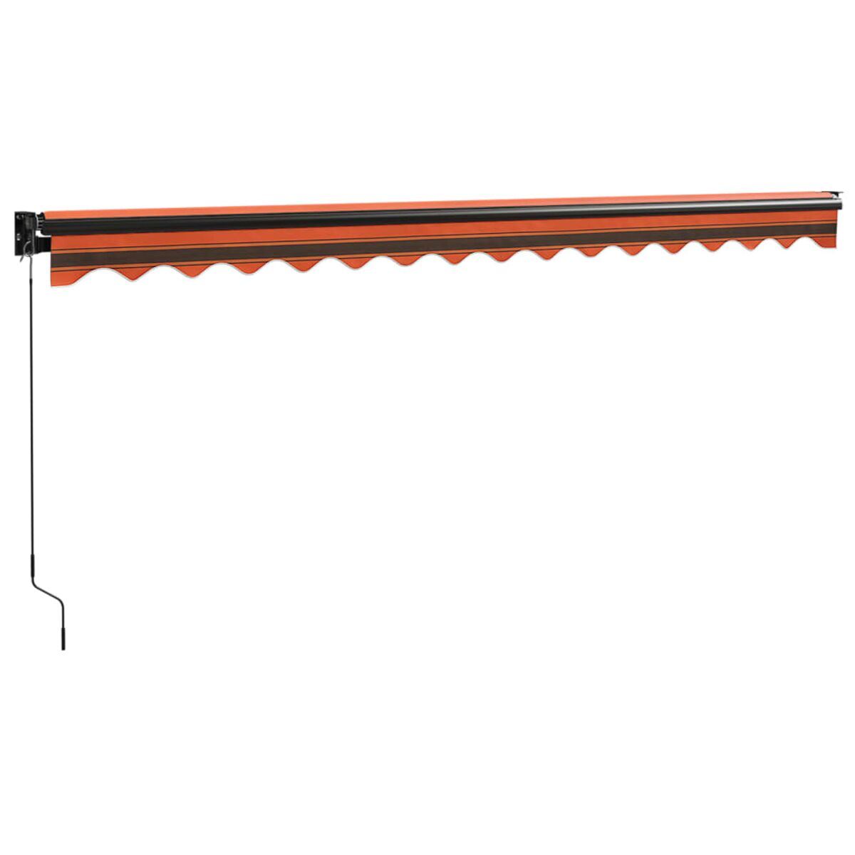 Orange und schwarz gestreifte Markise mit gewelltem Rand.