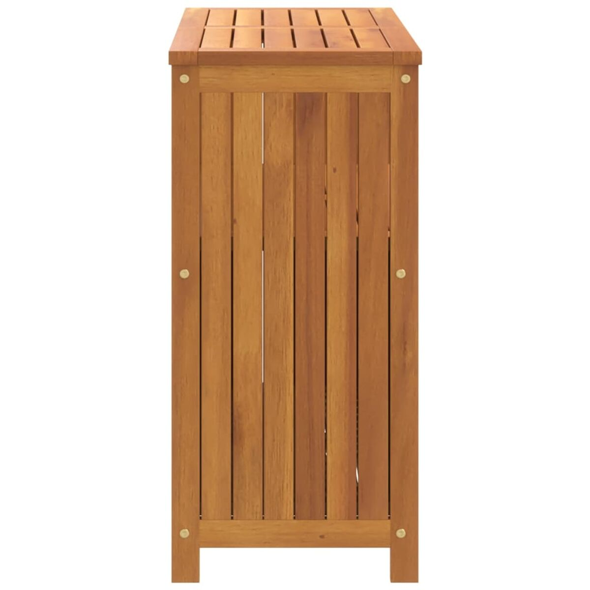 Holzschrank mit vertikalen Lamellen. Braunes Holz. Messingschrauben. Deckel mit Lamellen.