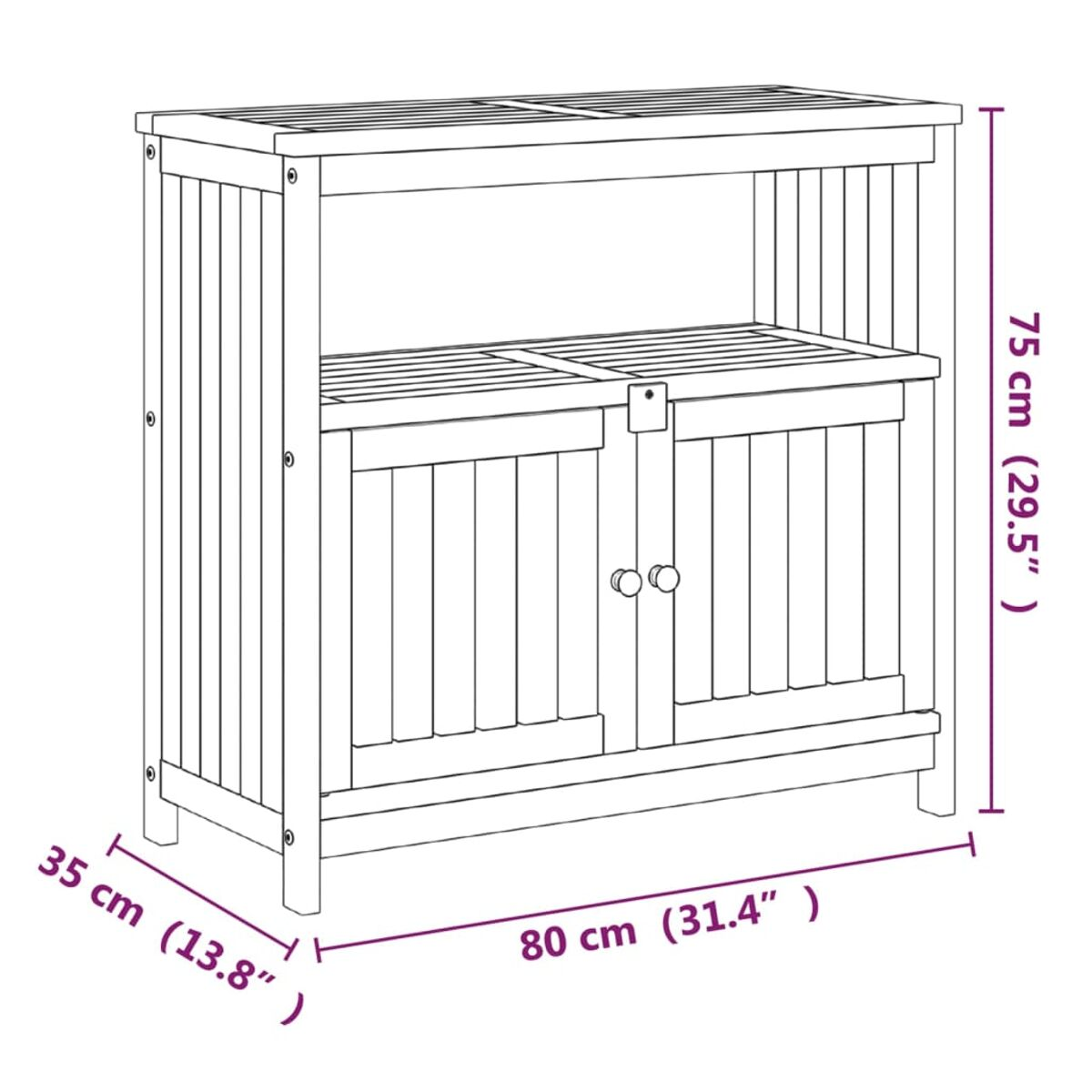 Weißer Holzschrank mit zwei Türen und Regalen. Abmessungen: 80x35x75 cm.