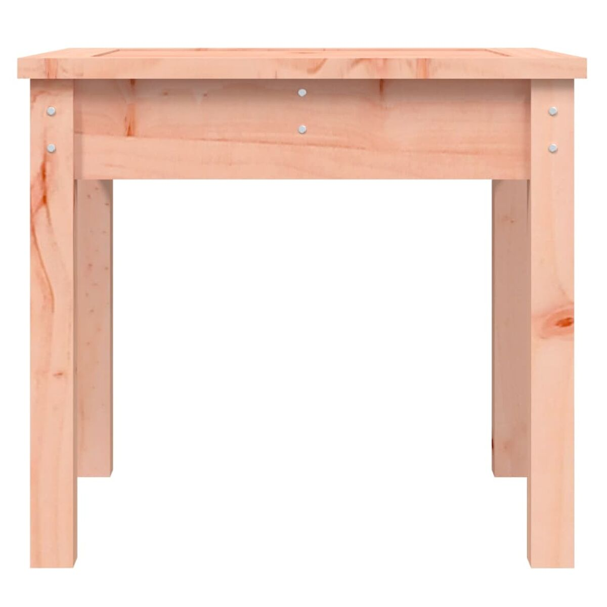 Ein Holztisch mit vier Beinen, mit sichtbaren Schrauben an der Seite, hellbraune Farbe.