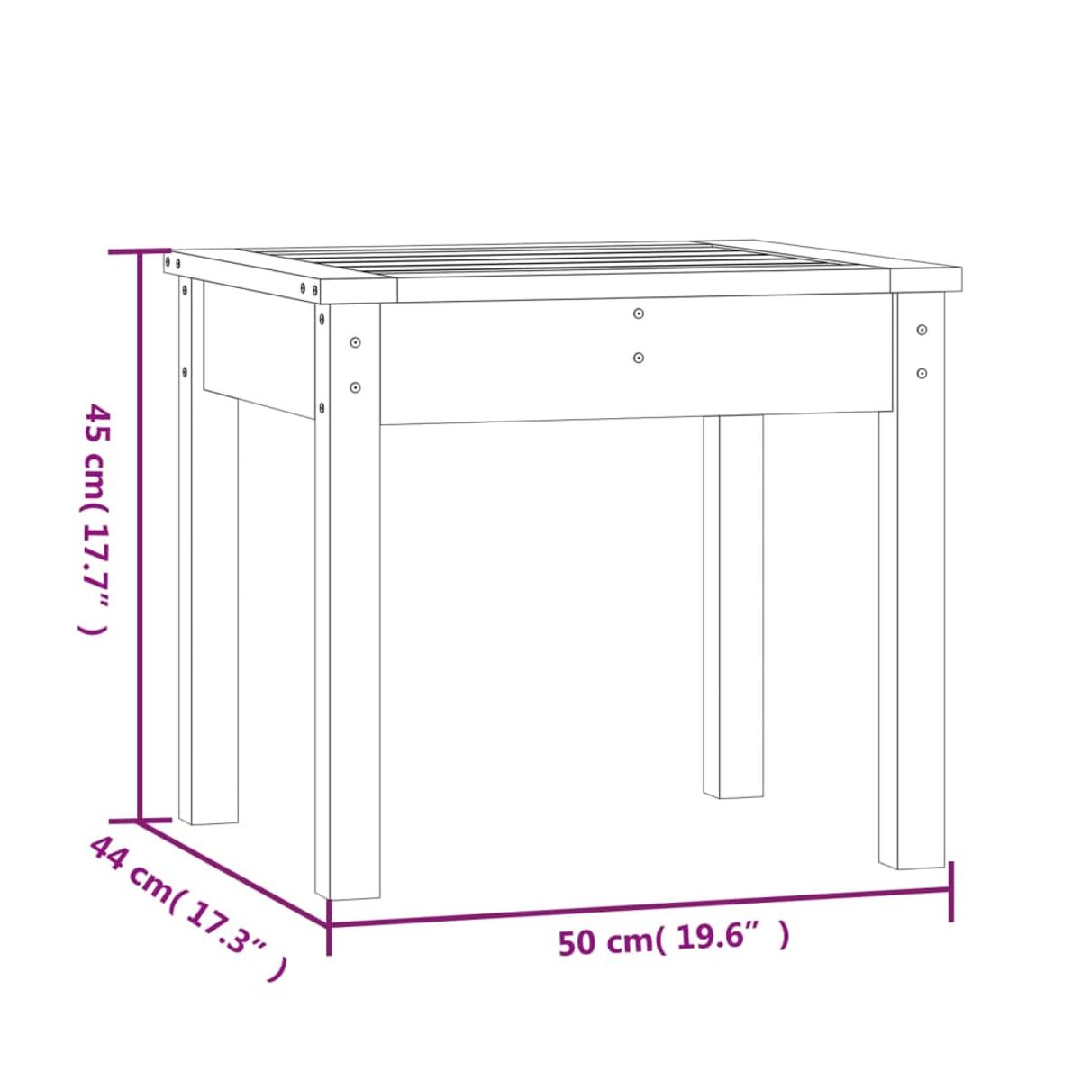 Ein kleiner quadratischer Holztisch mit Abmessungen in cm und Zoll.