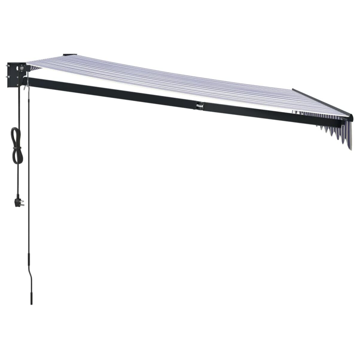 Eine schwarz-weiß gestreifte Markise, die von einer Wand ausgefahren ist, mit Stromkabel.