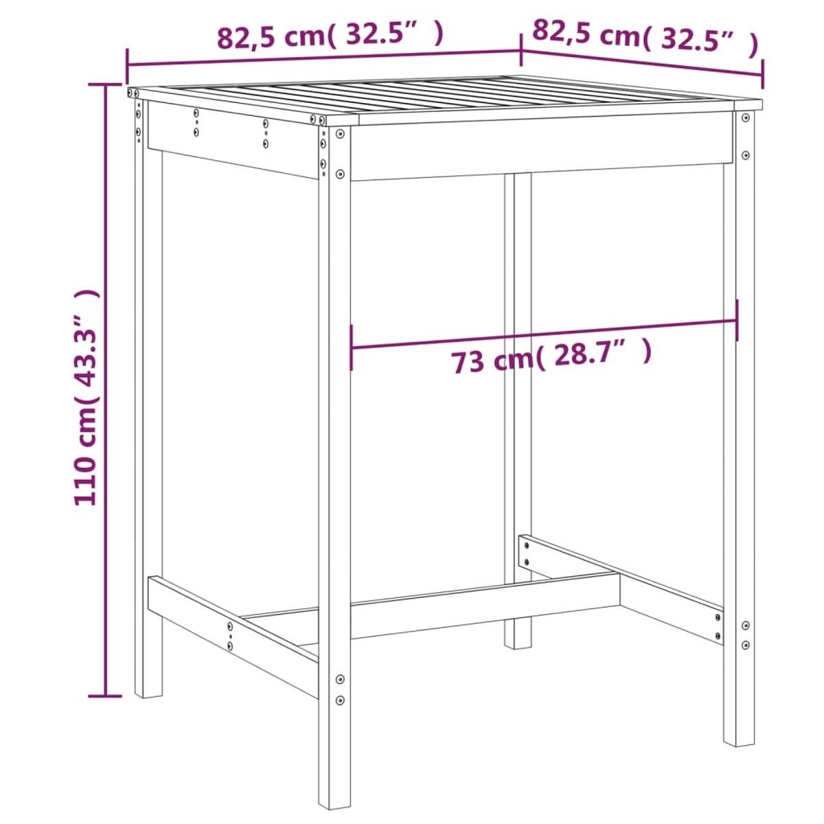 Ein quadratischer Holztisch. Abmessungen in Zentimetern. Helle Holzfarbe.