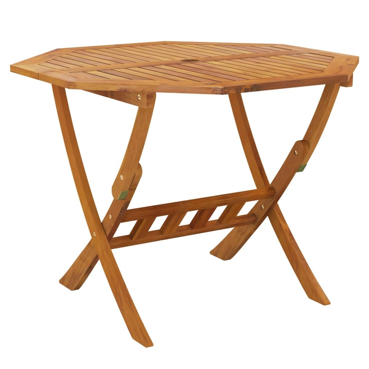 Sechseckiger Holztisch, Klappbeine, braune Holzfarbe, weißer Hintergrund.