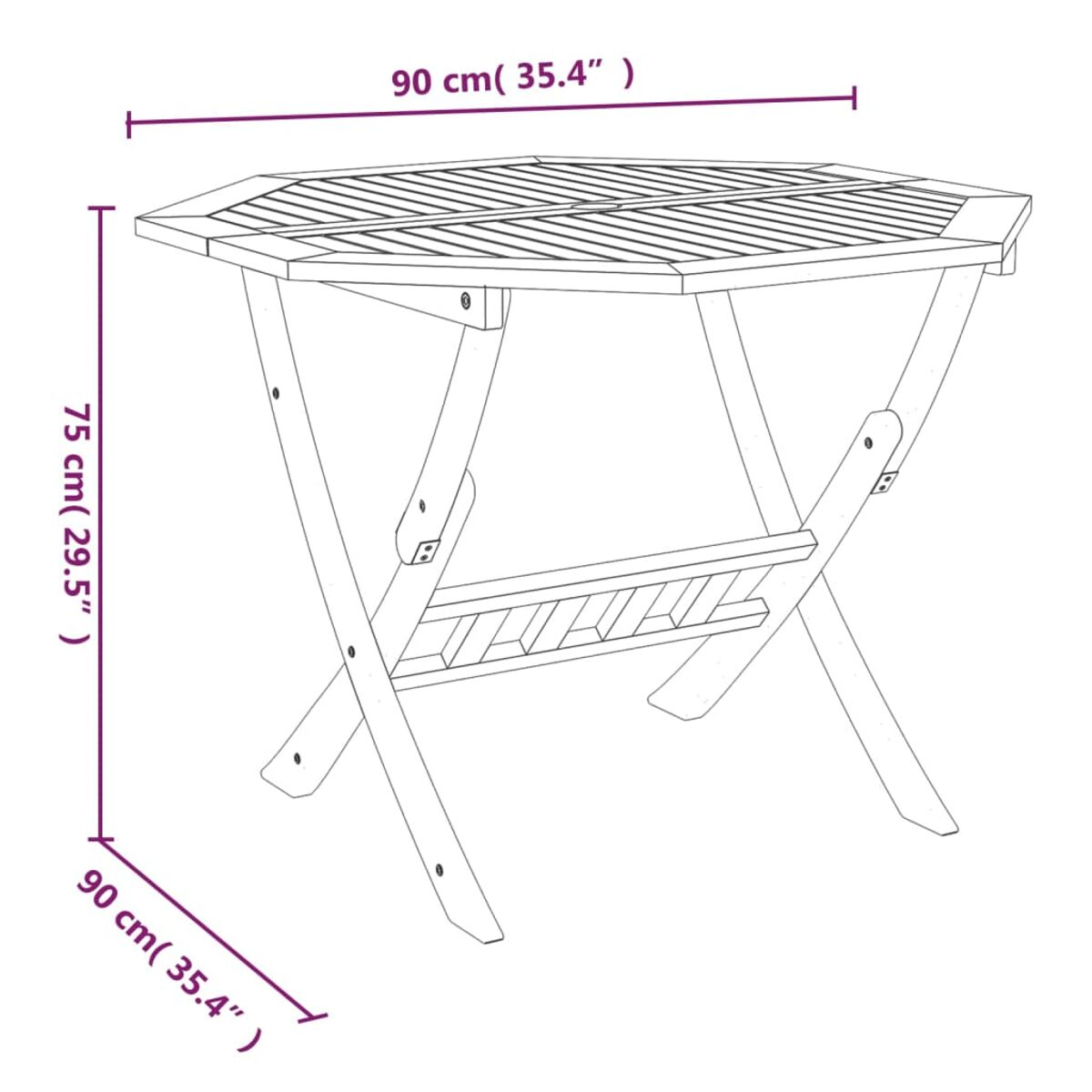 Klapptisch aus Holz mit achteckiger Tischplatte. Der Tisch ist geöffnet und die Maße sind sichtbar.