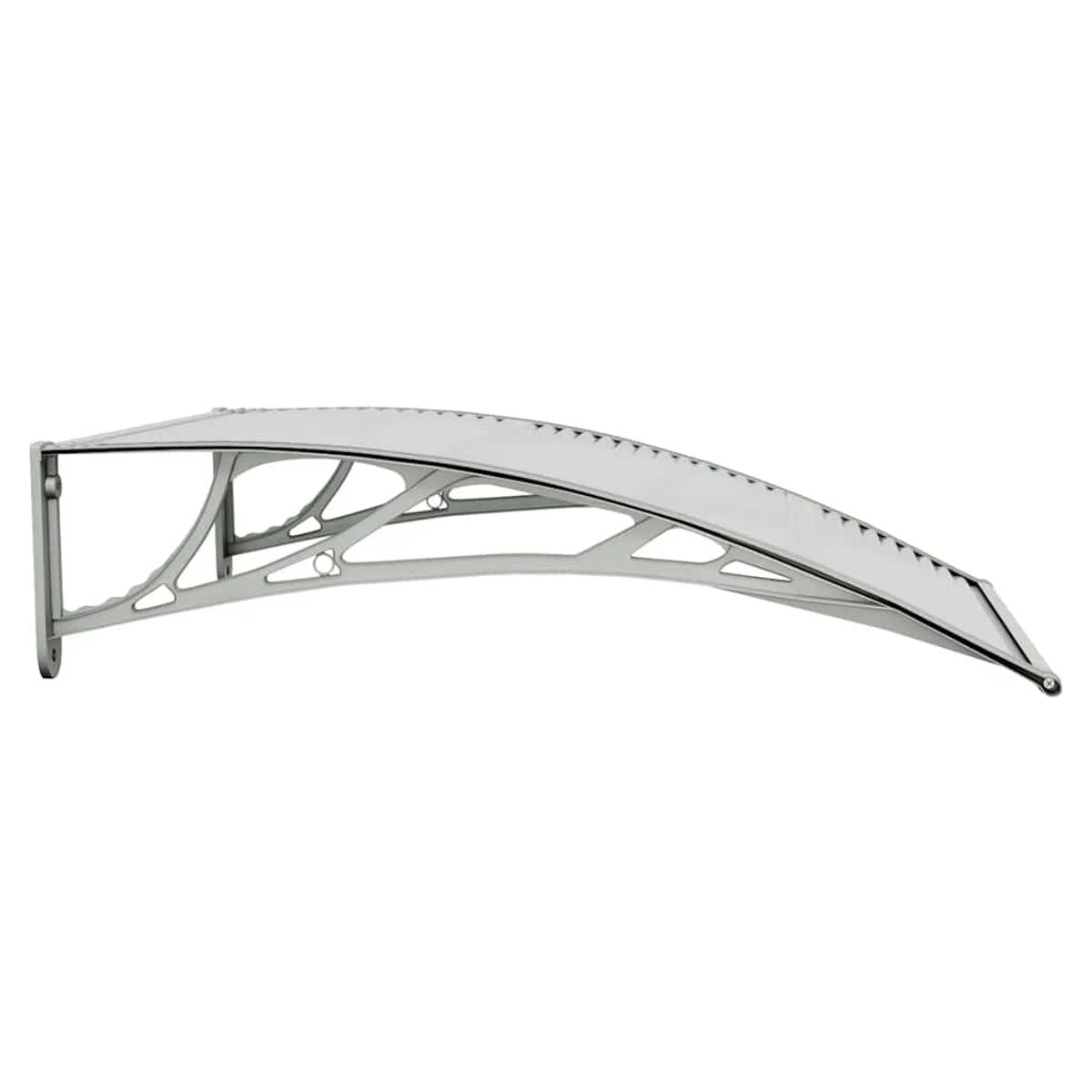 Silberne, gebogene Markise. Weißer Hintergrund. Hat einen weißen Rahmen und ein geschwungenes Design.