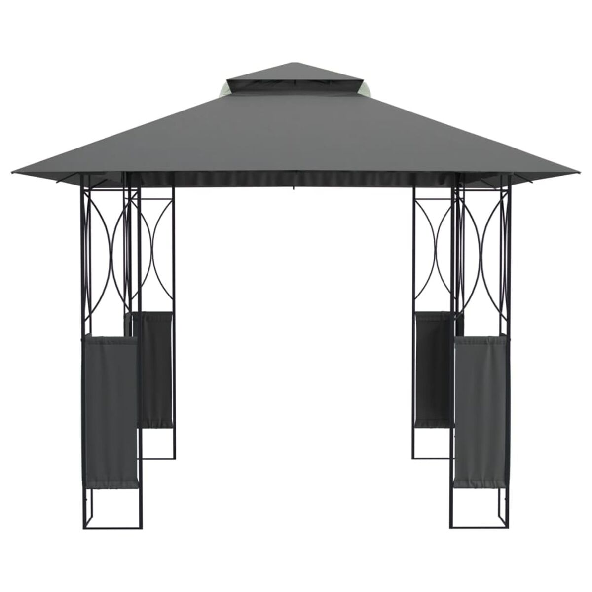 Ein grauer Pavillon mit schwarzem Rahmen. Der Pavillon hat Vorhänge und steht vor weißem Hintergrund.