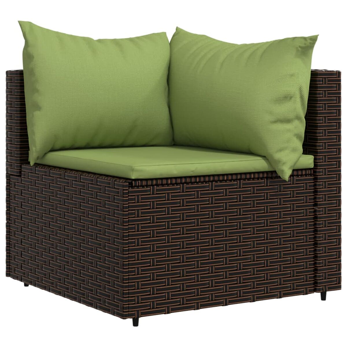 Ein braunes Ecksofa mit grünen Kissen. Kissen auf Sitz und Rücken.