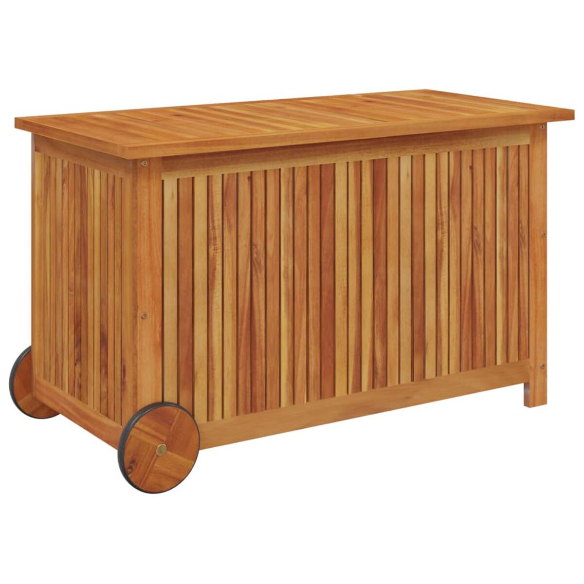 Eine hölzerne Outdoor-Aufbewahrungsbox auf Rädern. Die Box hat einen Deckel und vertikale Linien.