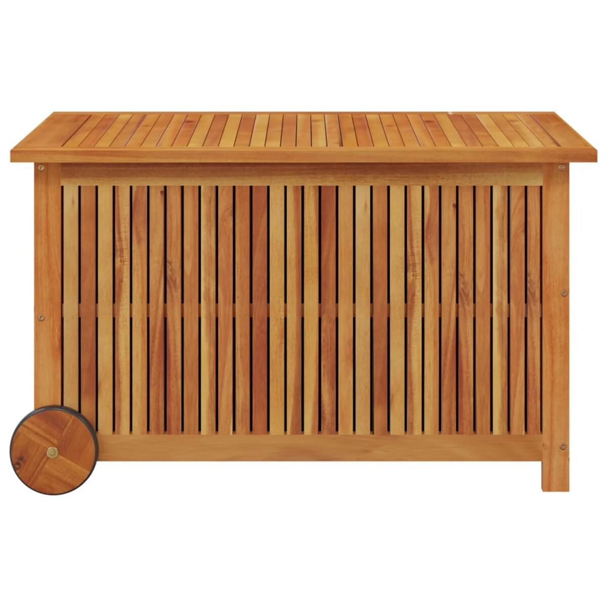 Holz-Aufbewahrungsbox mit Lamellen. Sie hat einen Deckel, ein Rad und ist braun. Ideal für die Außenaufbewahrung.