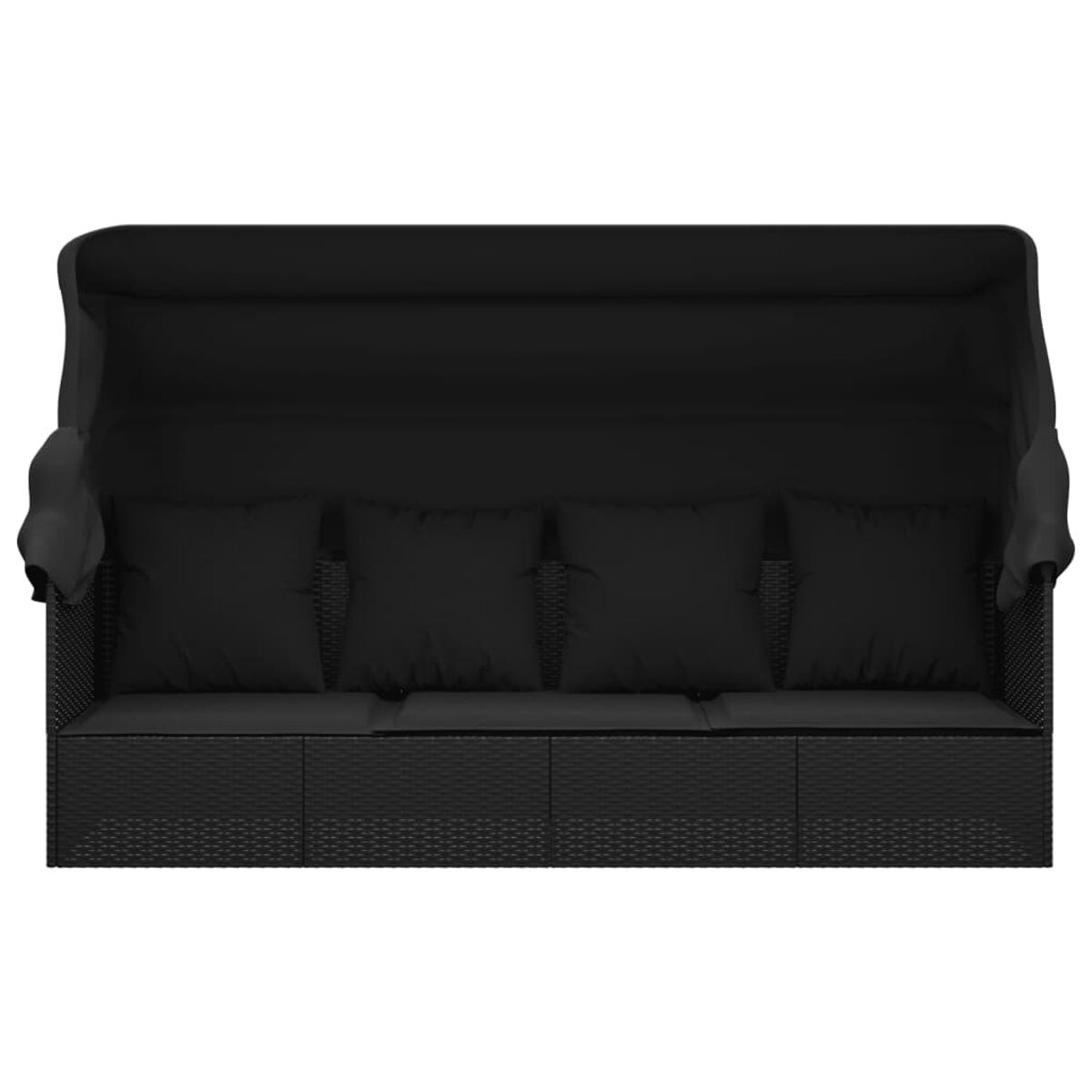 Schwarzes Outdoor-Sofa mit vier schwarzen Kissen. Es hat ein Verdeck darüber.