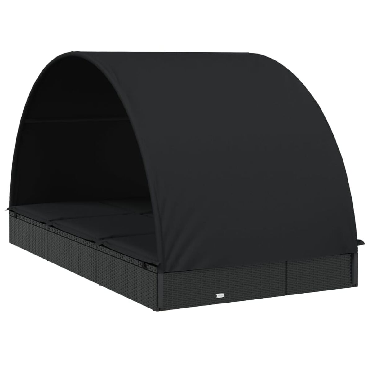 Schwarzes Korbliegenbett mit schwarzem Baldachin.