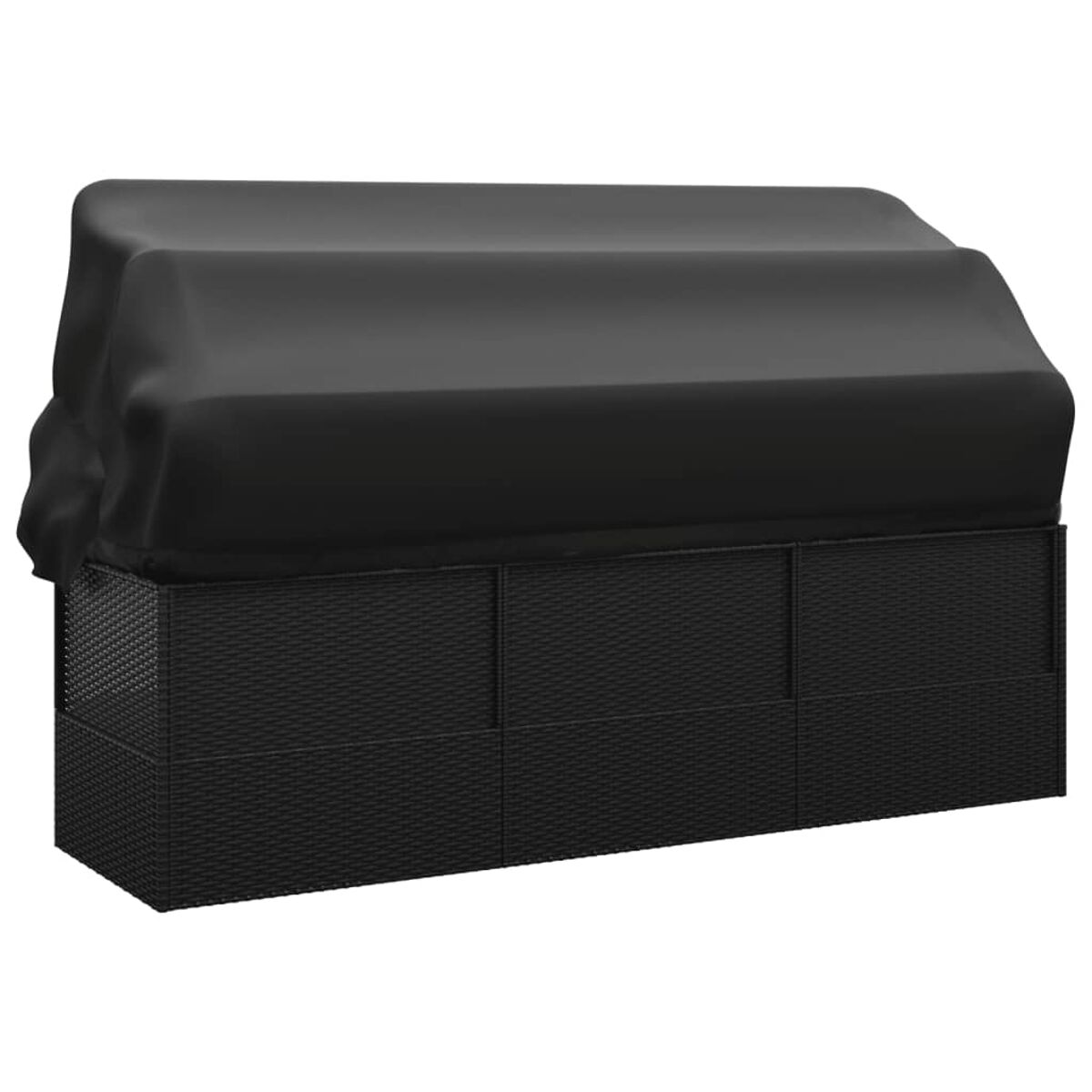 Schwarze Outdoor-Bar aus Korbgeflecht mit schwarzer Abdeckung. Die Bar hat drei Abschnitte.