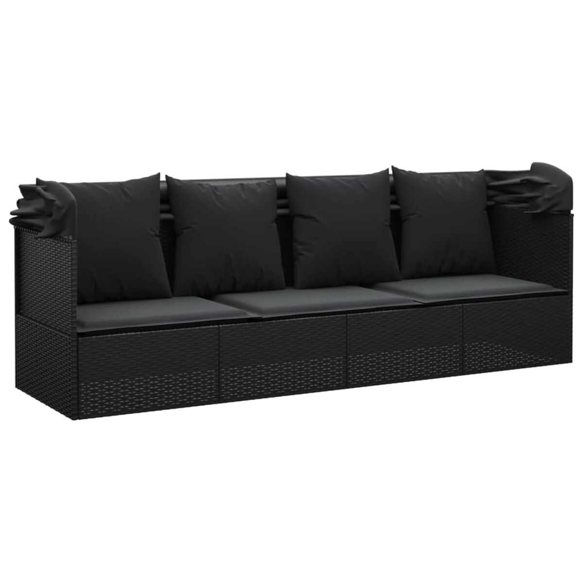 Schwarzes Korbmöbel-Sofa mit Kissen. Schwarze Kissen. Weißer Hintergrund.