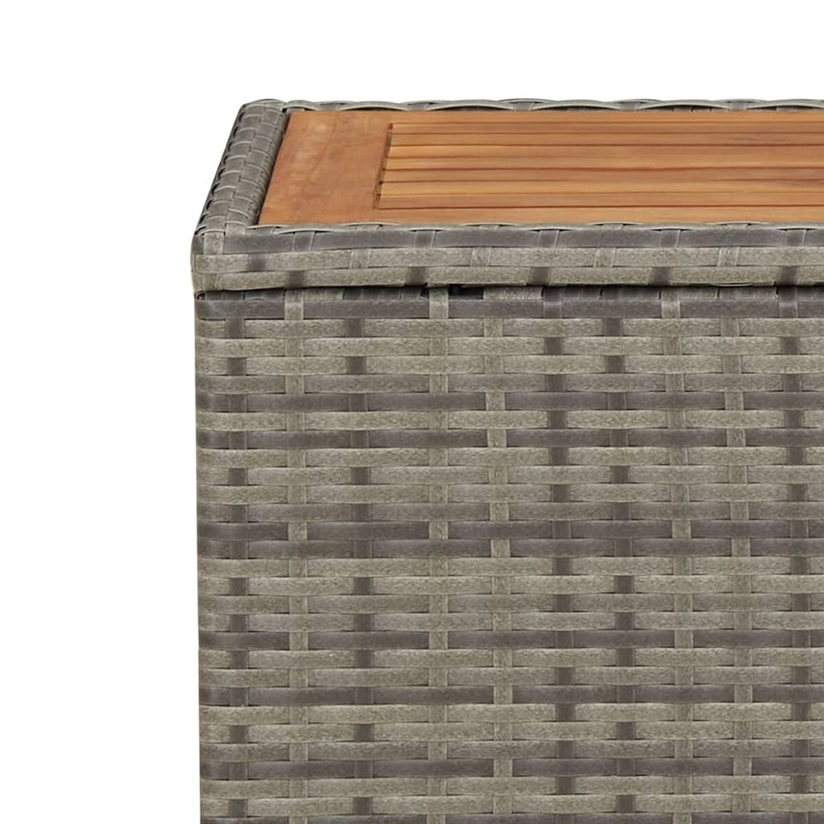 Nahaufnahme einer grauen Outdoor-Aufbewahrungsbox aus Korbgeflecht. Die Oberseite ist aus Holz, die Seite hat ein Muster.