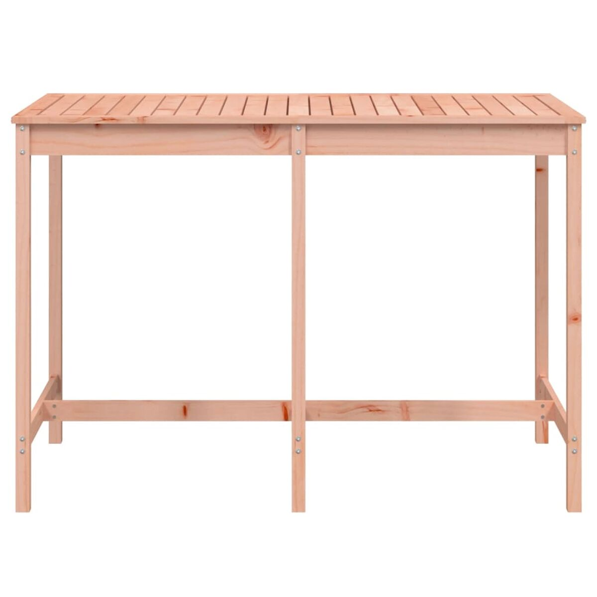Hoher Holztisch mit Lattenrost und vier Beinen.