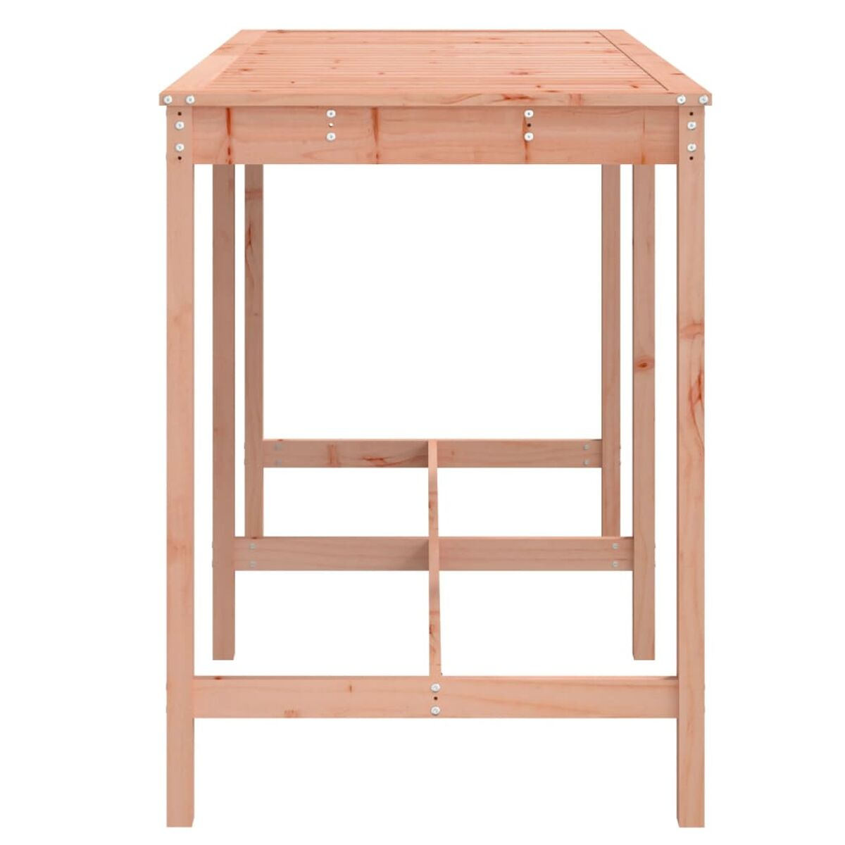 Hoher Holztisch mit vier Beinen. Helle Holzfarbe.