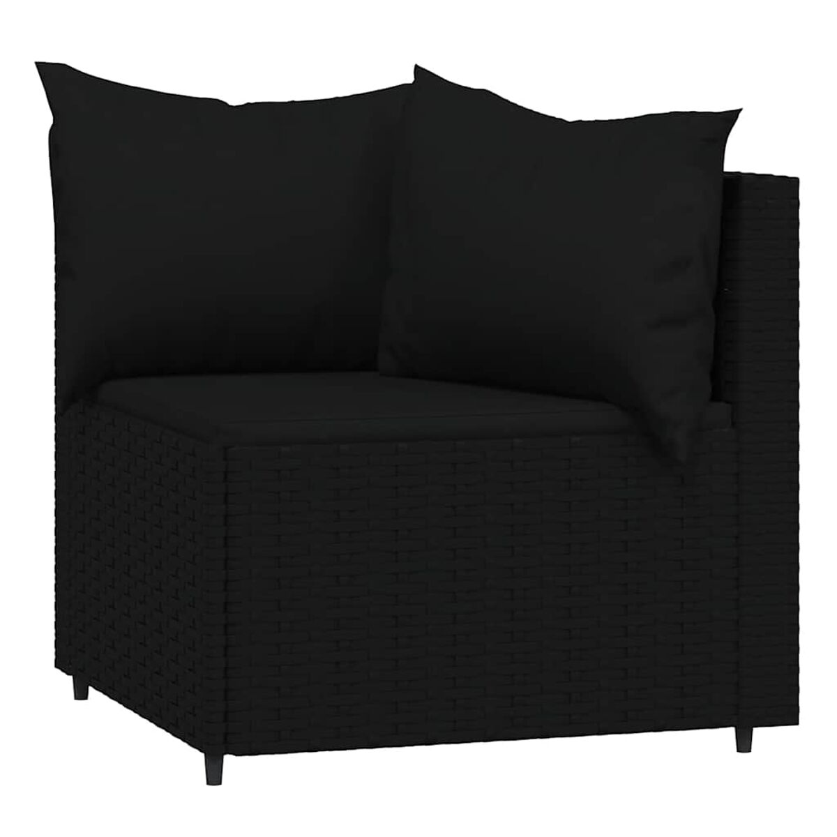 Schwarzes Ecksofa mit zwei schwarzen Kissen. Es steht auf weißem Hintergrund.