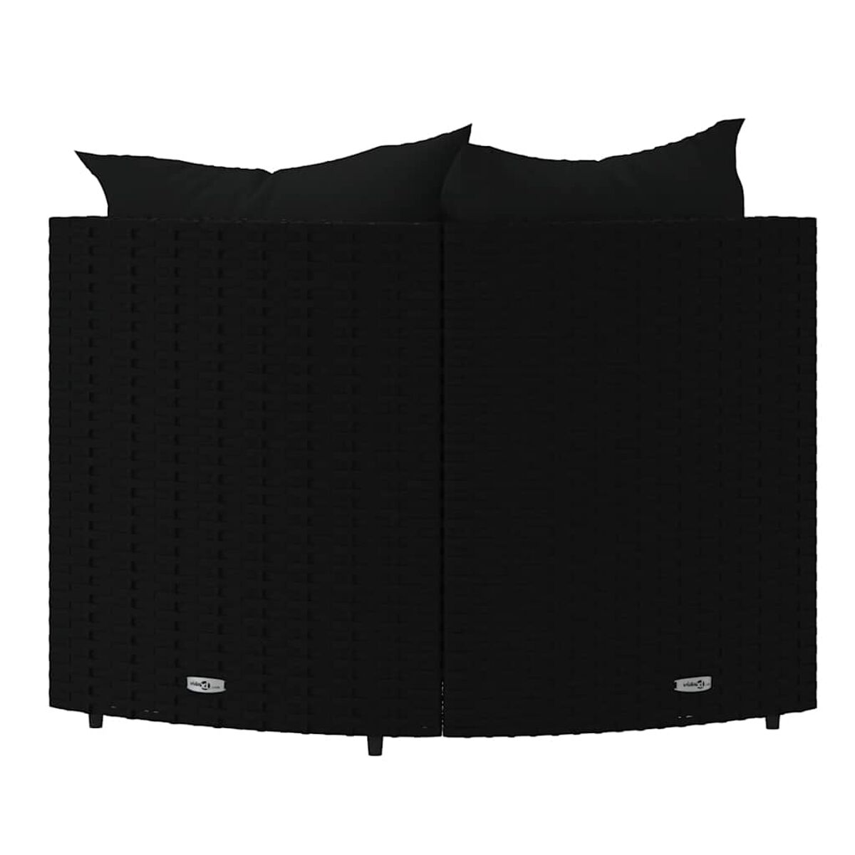 Zwei schwarze Rattan-Sitzmodule mit schwarzen Kissen. Die Module sind gebogen.