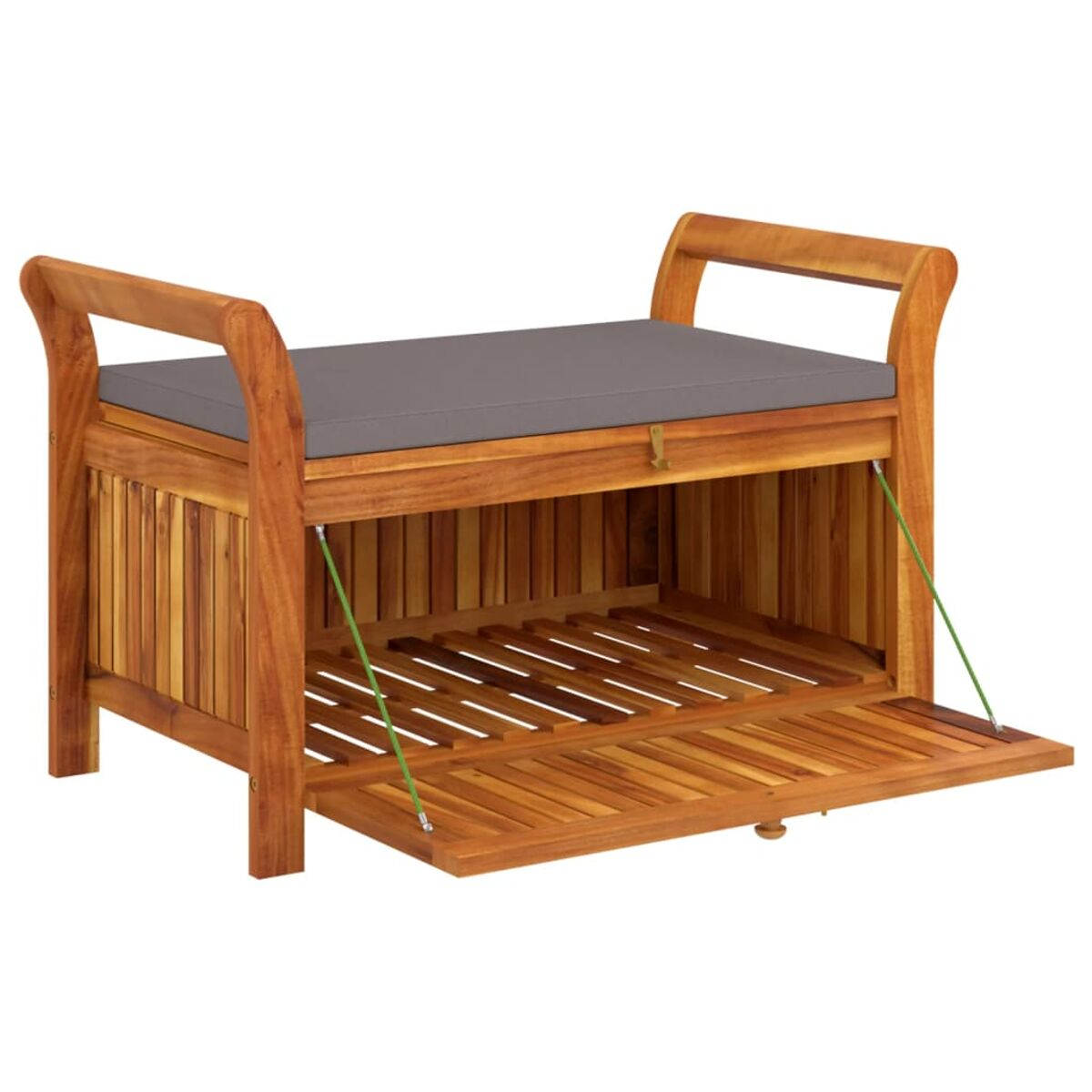 Holzbank mit aufklappbarem Stauraum und grauem Kissen.