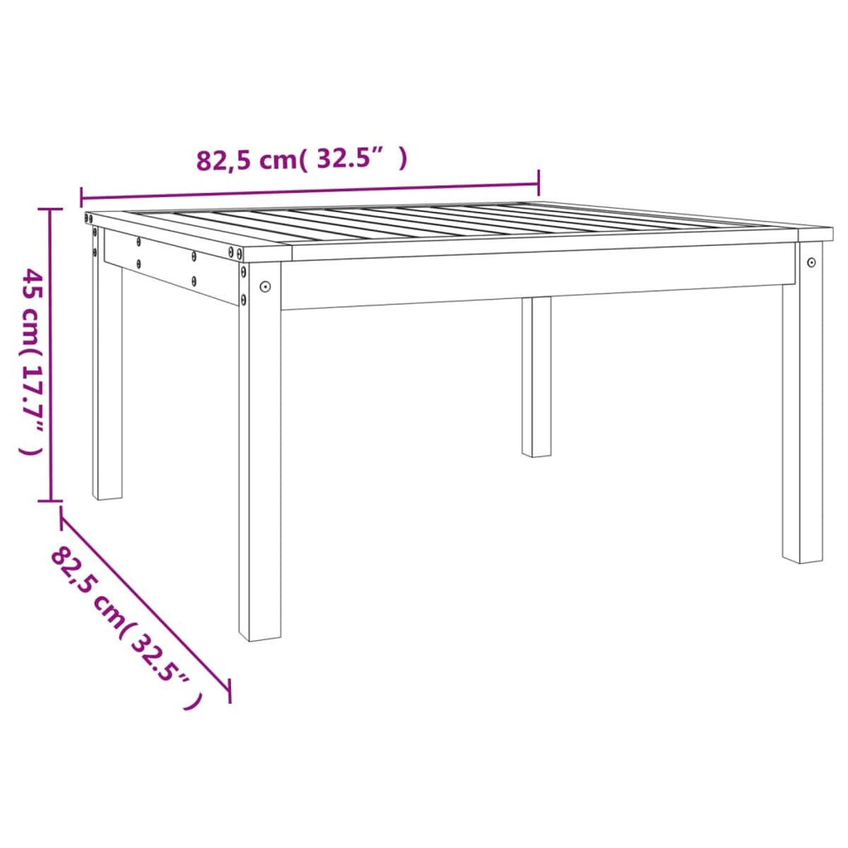 Quadratischer Holztisch. Die Oberseite ist geriffelt. Abmessungen sind sichtbar.