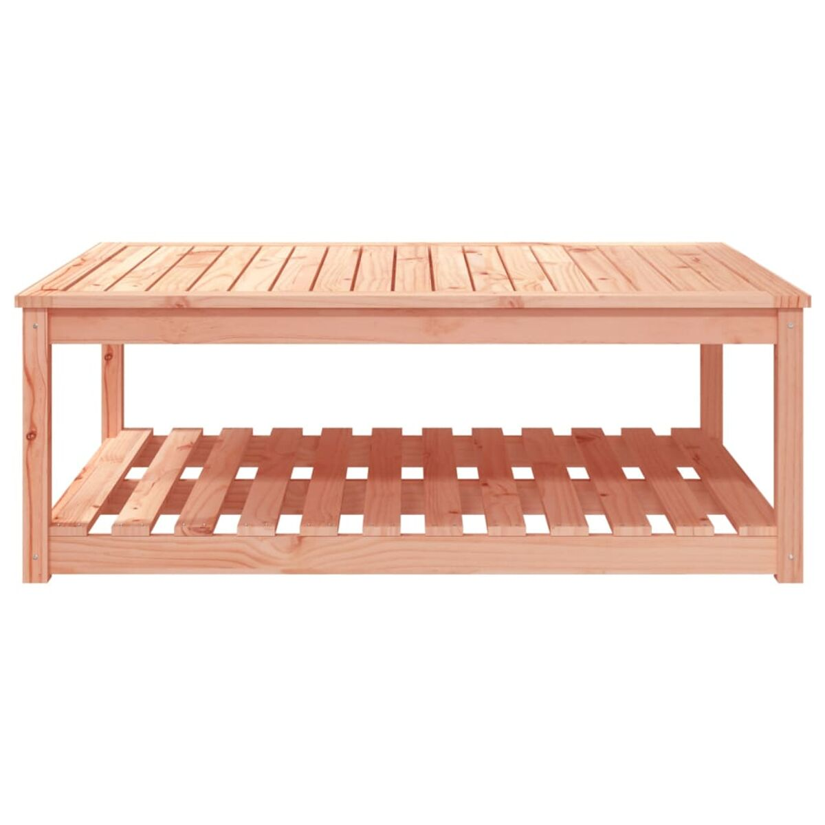 Holztisch mit einem Lattenrost. Der Tisch ist hellbraun.