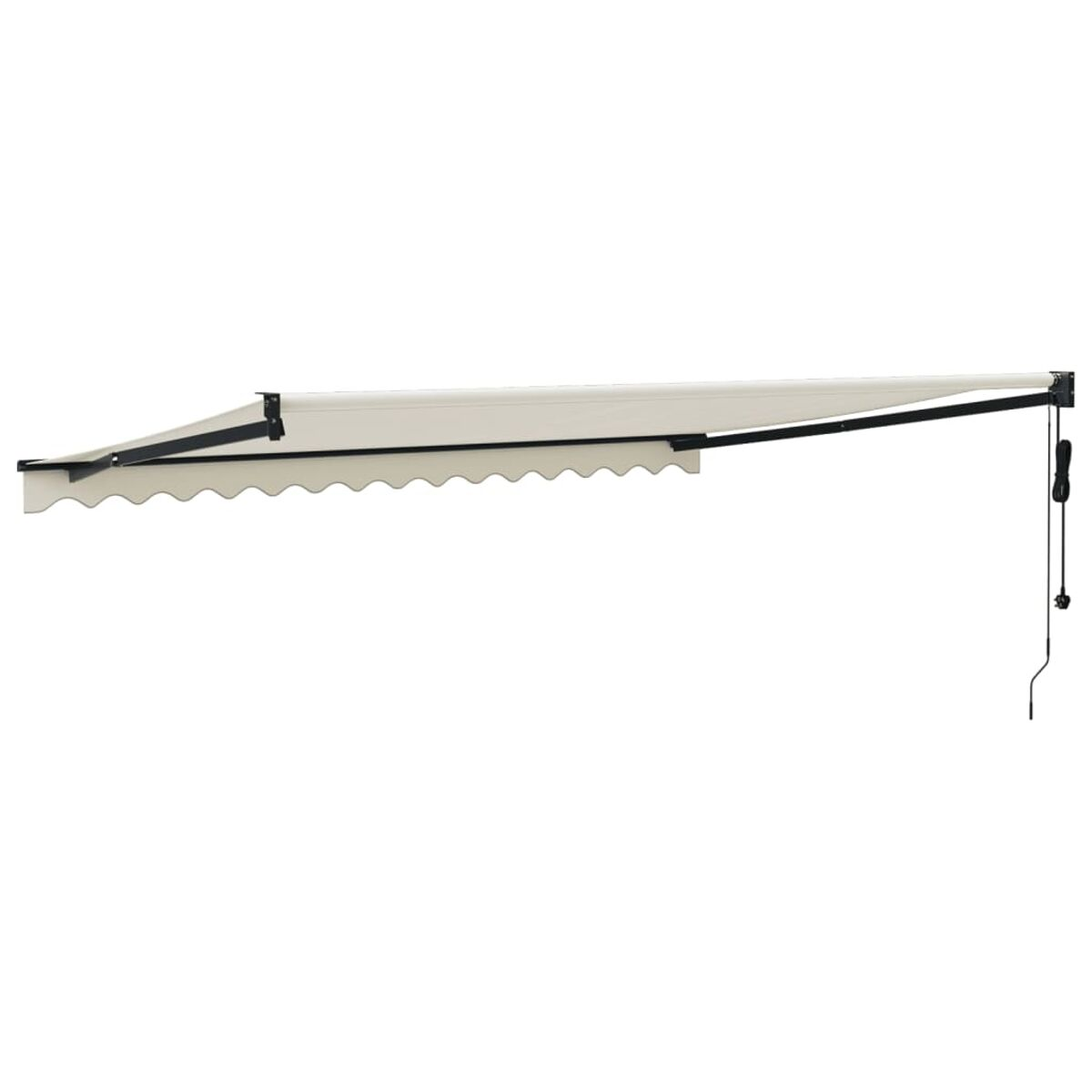 Eine weiße Markise horizontal ausgefahren mit schwarzem Stützarm, auf Wei ß.