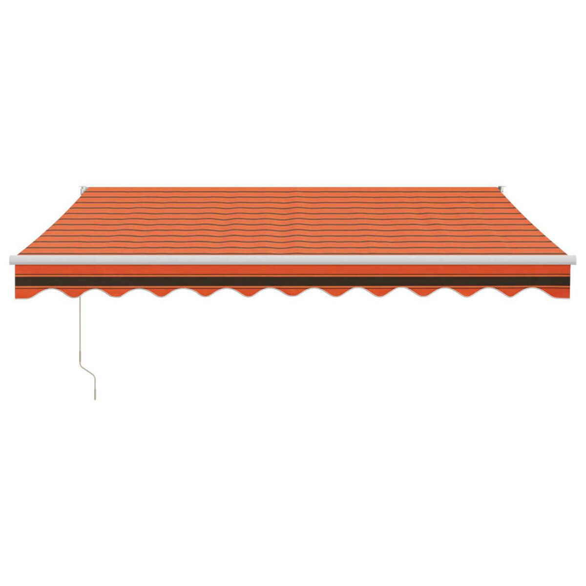 Eine rote Markise mit orangefarbenen und schwarzen Streifen. Sie ist ausgefahren.
