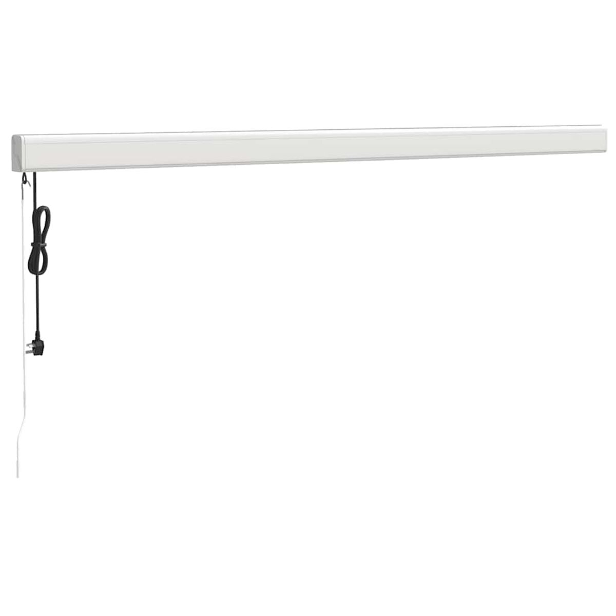 Eine weiße, rechteckige LED-Leuchte ist an einer weißen Wand montiert. Ein schwarzes Kabel hängt herunter.