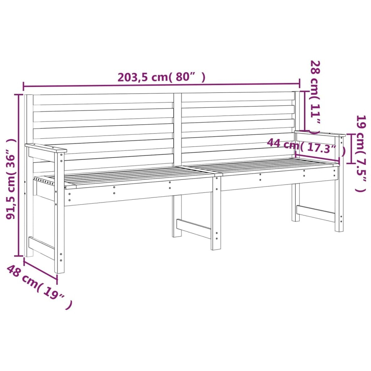 Diagramm der Holzbank mit Abmessungen. Sie ist 203,5 cm lang und 91,5 cm hoch.