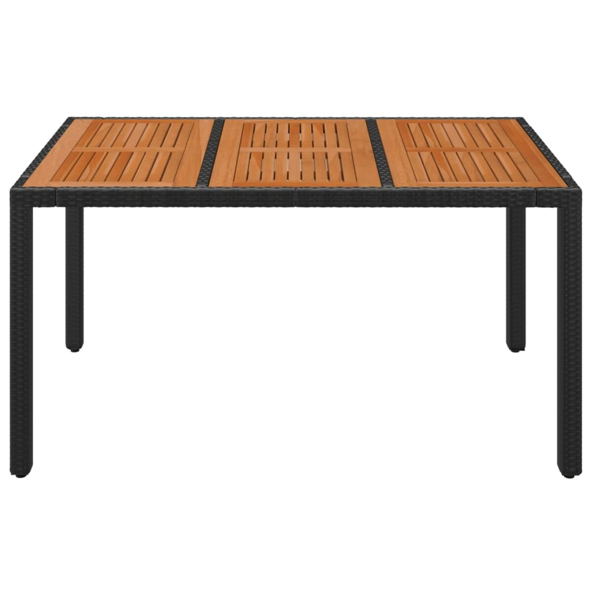 Ein rechteckiger Holztisch mit schwarzen Metallbeinen und schwarzen Details.