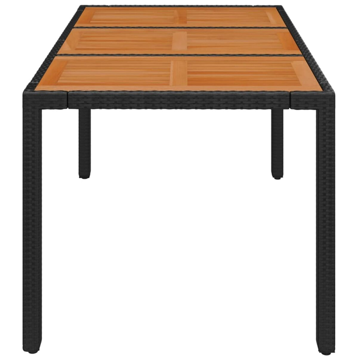 Ein Tisch mit schwarzem Rahmen und Holzplatte. Der Tisch hat ein einfaches, rechteckiges Design.