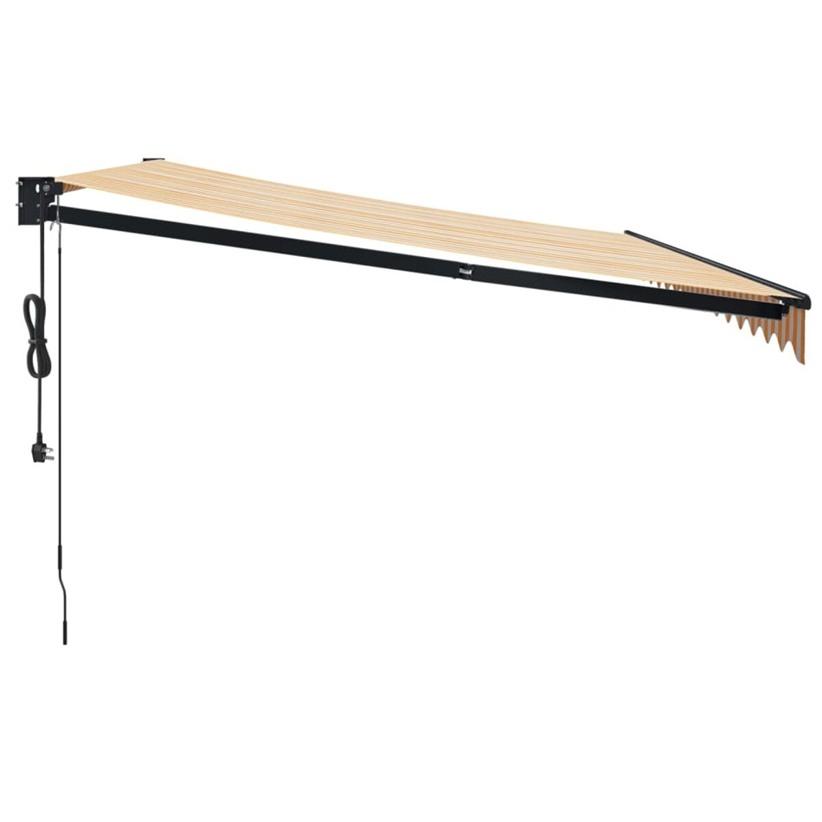 Eine beige Markise ist an einer Wand befestigt. Die Markise wird von einem schwarzen Arm und Rahmen getragen.