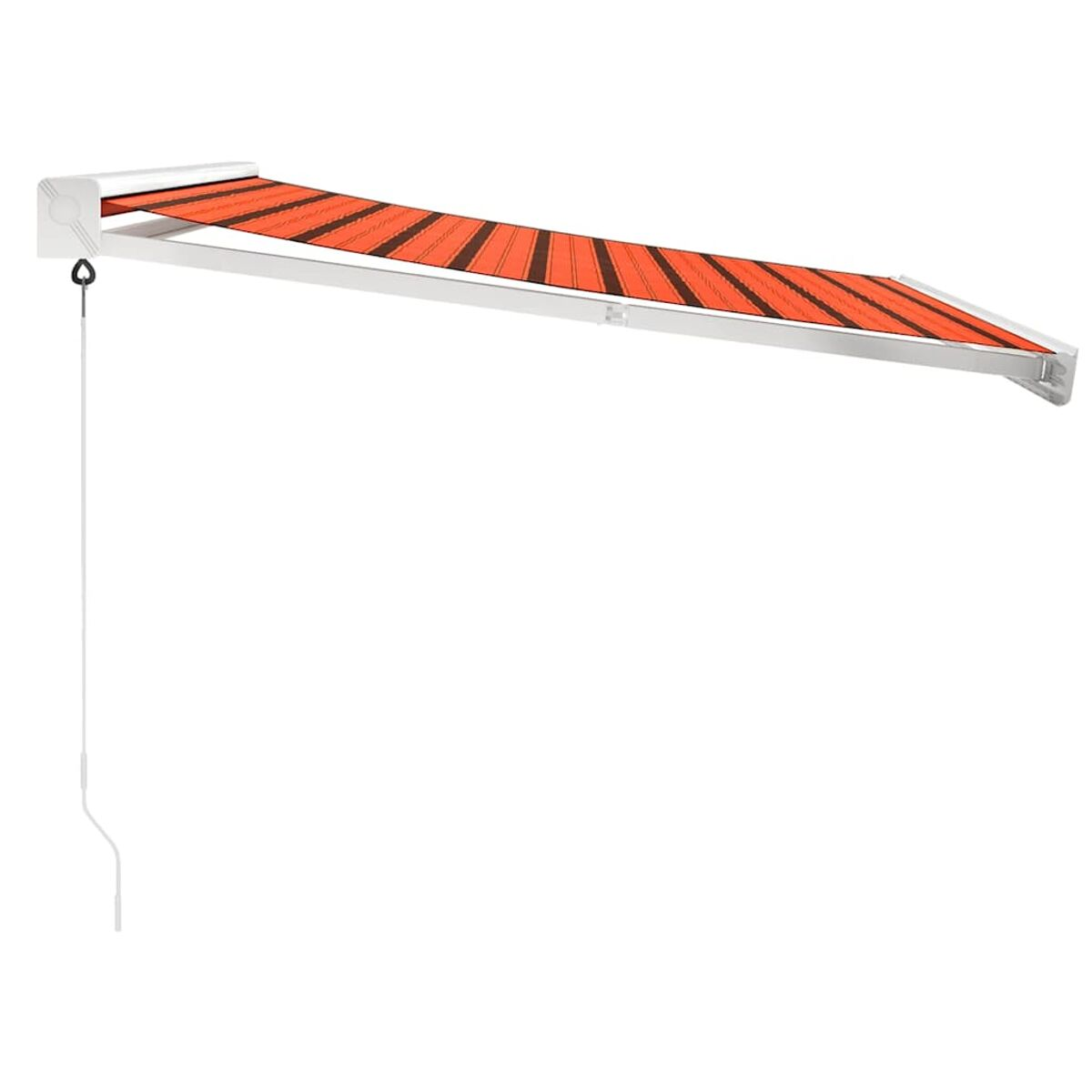 Orange-schwarz gestreifte Markise. Weißes Stützgestell. Weißer Hintergrund.